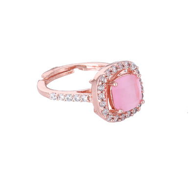 Estele Rose Gold Plated CZ Stylish Square Designer Finger Ring with Mint Pink Stones for Women(Adjustable)