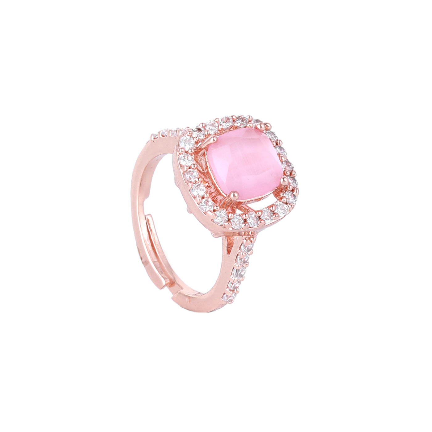 Estele Rose Gold Plated CZ Stylish Square Designer Finger Ring with Mint Pink Stones for Women(Adjustable)