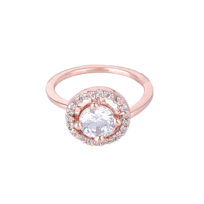 Estele Rose Gold Plated CZ Circular Halo Solitaire Finger Ring with White Stones for Women(Adjustable)