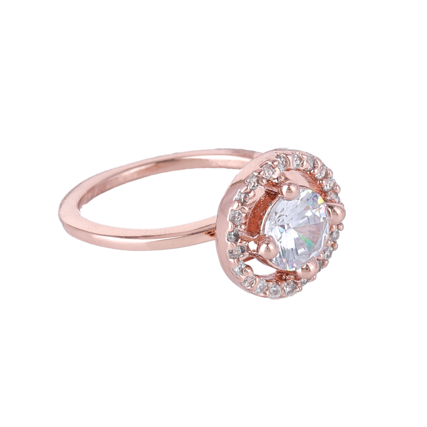 Estele Rose Gold Plated CZ Circular Halo Solitaire Finger Ring with White Stones for Women(Adjustable)