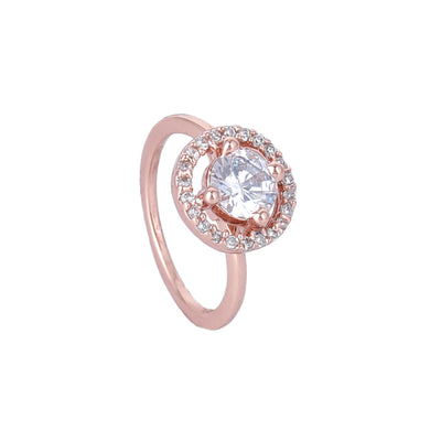 Estele Rose Gold Plated CZ Circular Halo Solitaire Finger Ring with White Stones for Women(Adjustable)