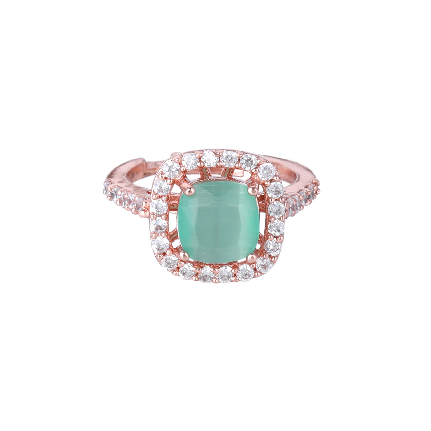 Estele Rose Gold Plated CZ Stylish Square Designer Finger Ring with Mint Green Stones for Women(Adjustable)