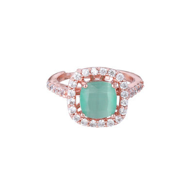 Estele Rose Gold Plated CZ Stylish Square Designer Finger Ring with Mint Green Stones for Women(Adjustable)