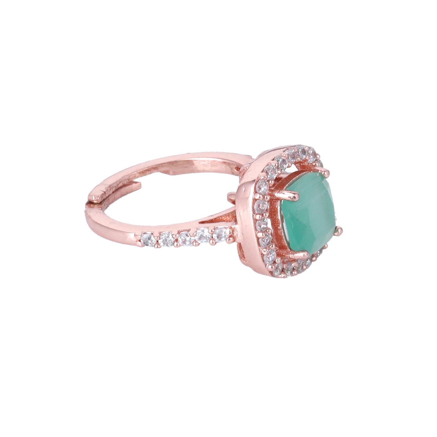 Estele Rose Gold Plated CZ Stylish Square Designer Finger Ring with Mint Green Stones for Women(Adjustable)