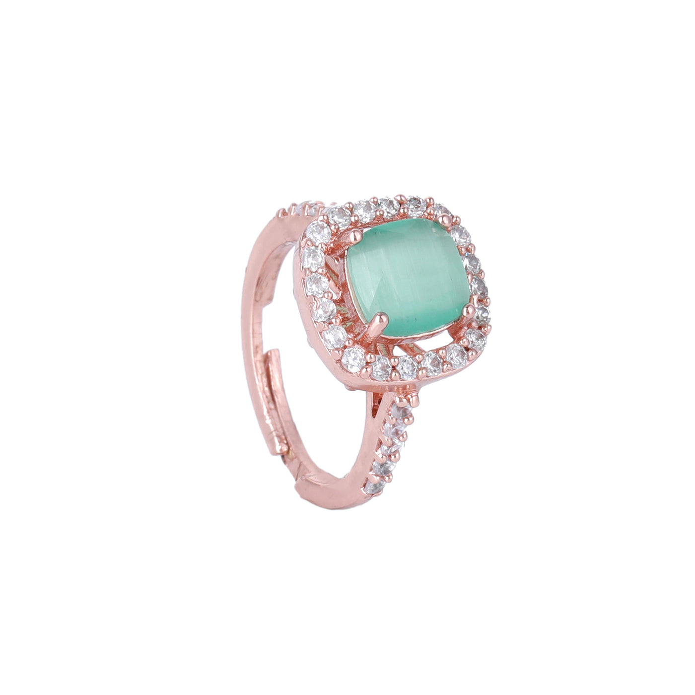 Estele Rose Gold Plated CZ Stylish Square Designer Finger Ring with Mint Green Stones for Women(Adjustable)