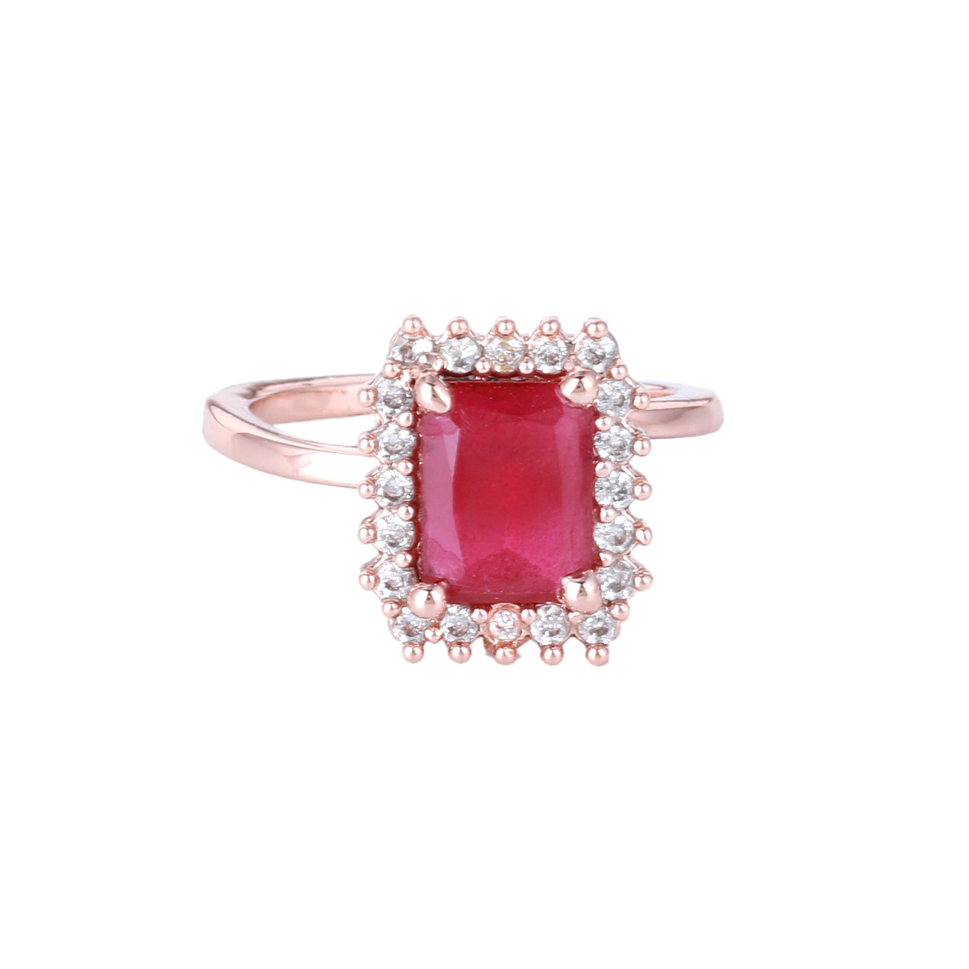 Estele Rosegold Plated CZ Square Designer Finger Ring with Ruby Stones for Women(Adjustable)