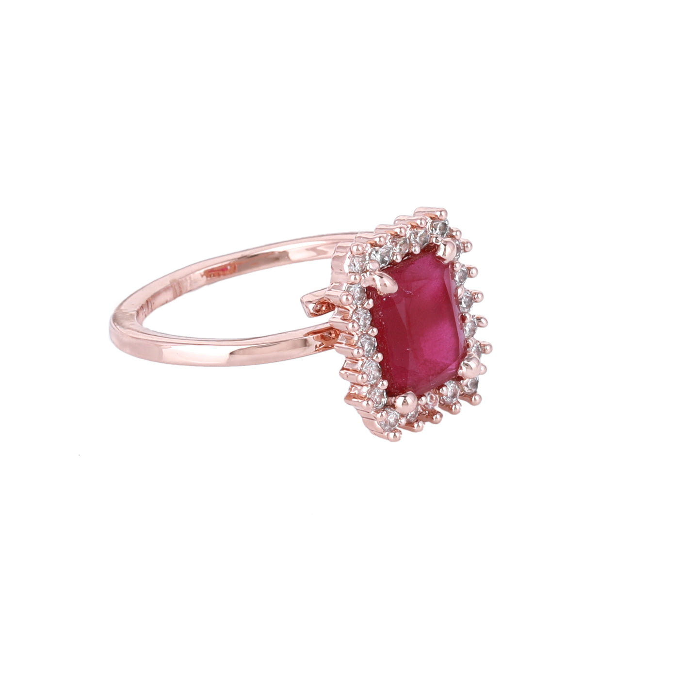 Estele Rose Gold Plated CZ Square Designer Finger Ring with Ruby Stones for Women(Adjustable)