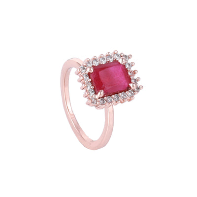 Estele Rosegold Plated CZ Square Designer Finger Ring with Ruby Stones for Women(Adjustable)