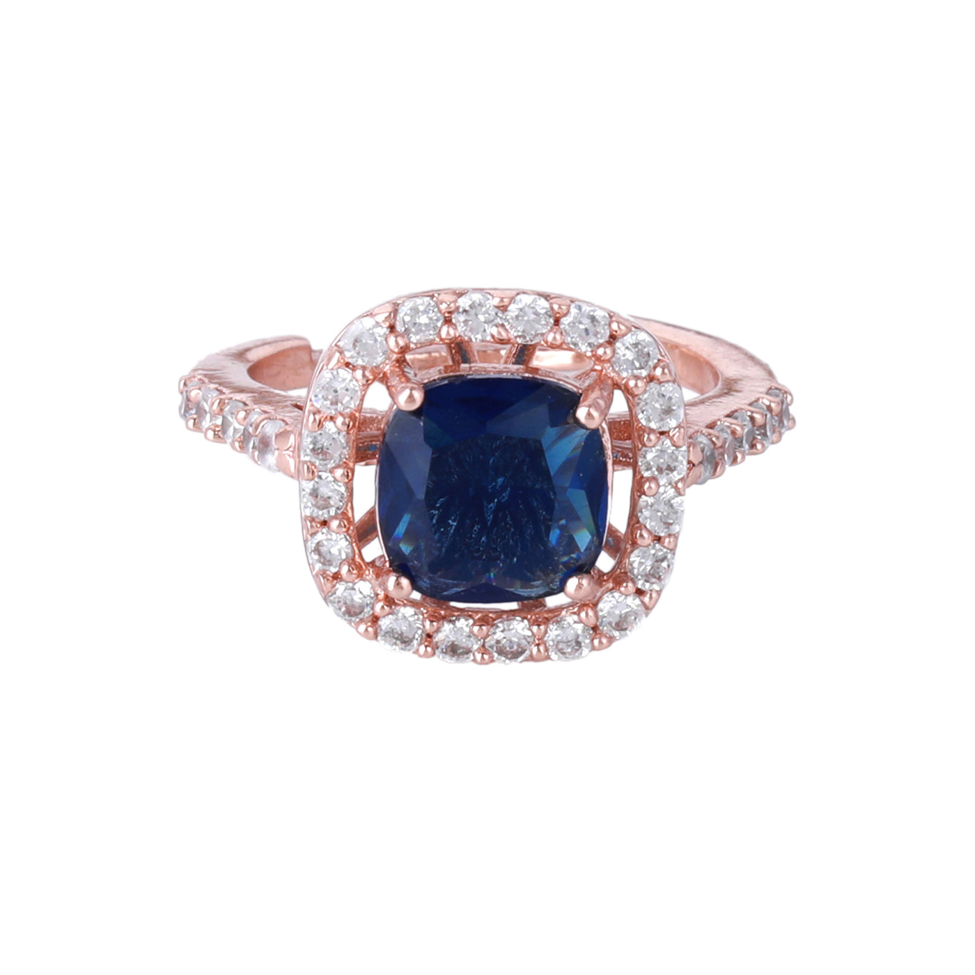 Estele Rose Gold Plated CZ Stylish Square Designer Finger Ring with Blue Stones for Women(Adjustable)