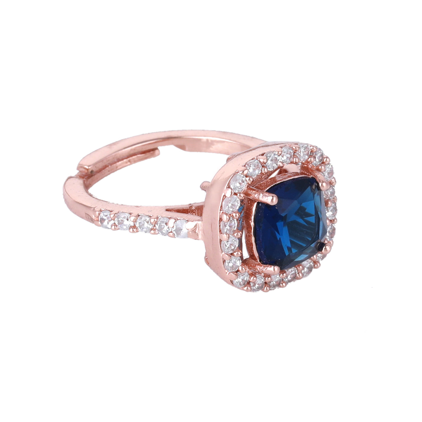 Estele Rose Gold Plated CZ Stylish Square Designer Finger Ring with Blue Stones for Women(Adjustable)