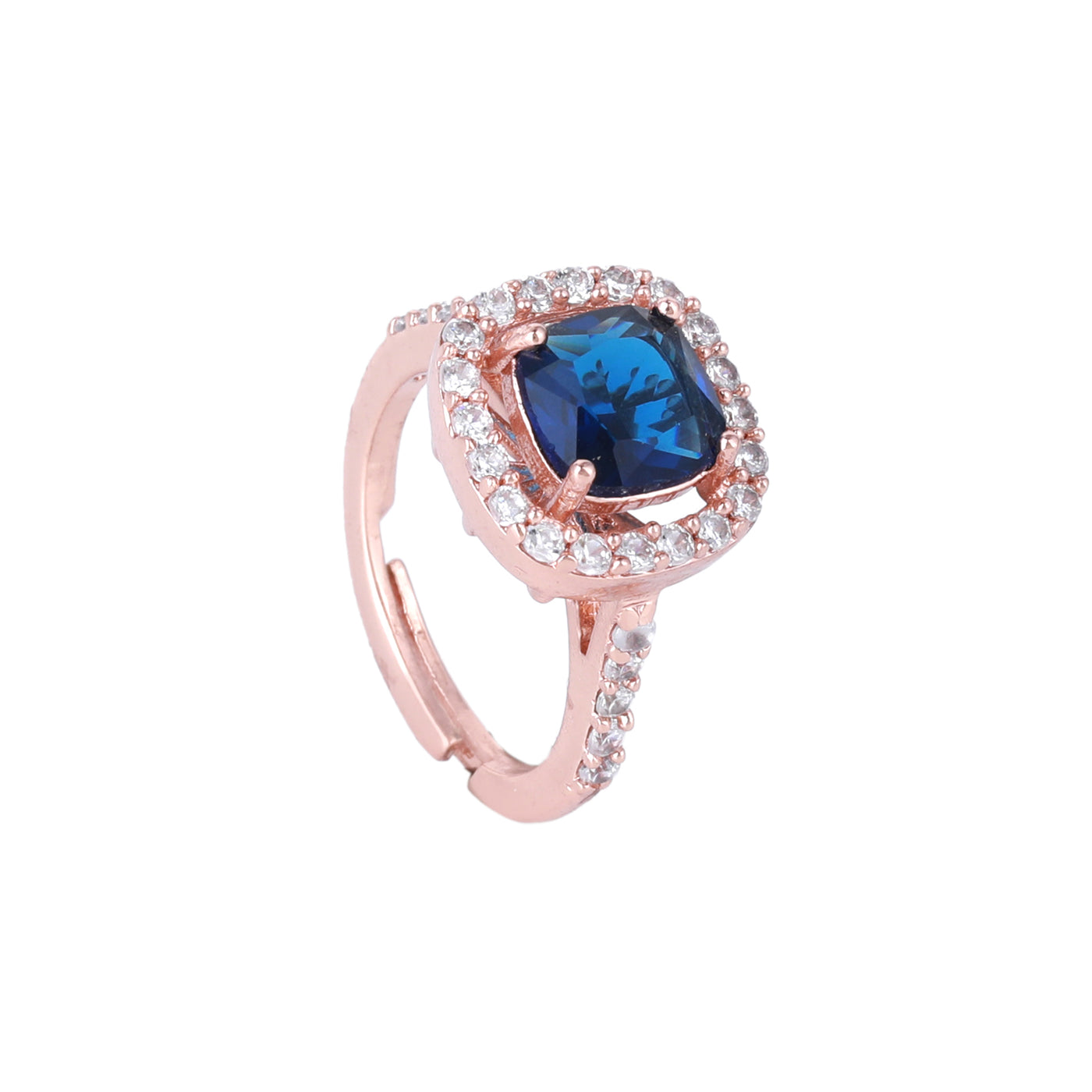 Estele Rose Gold Plated CZ Stylish Square Designer Finger Ring with Blue Stones for Women(Adjustable)