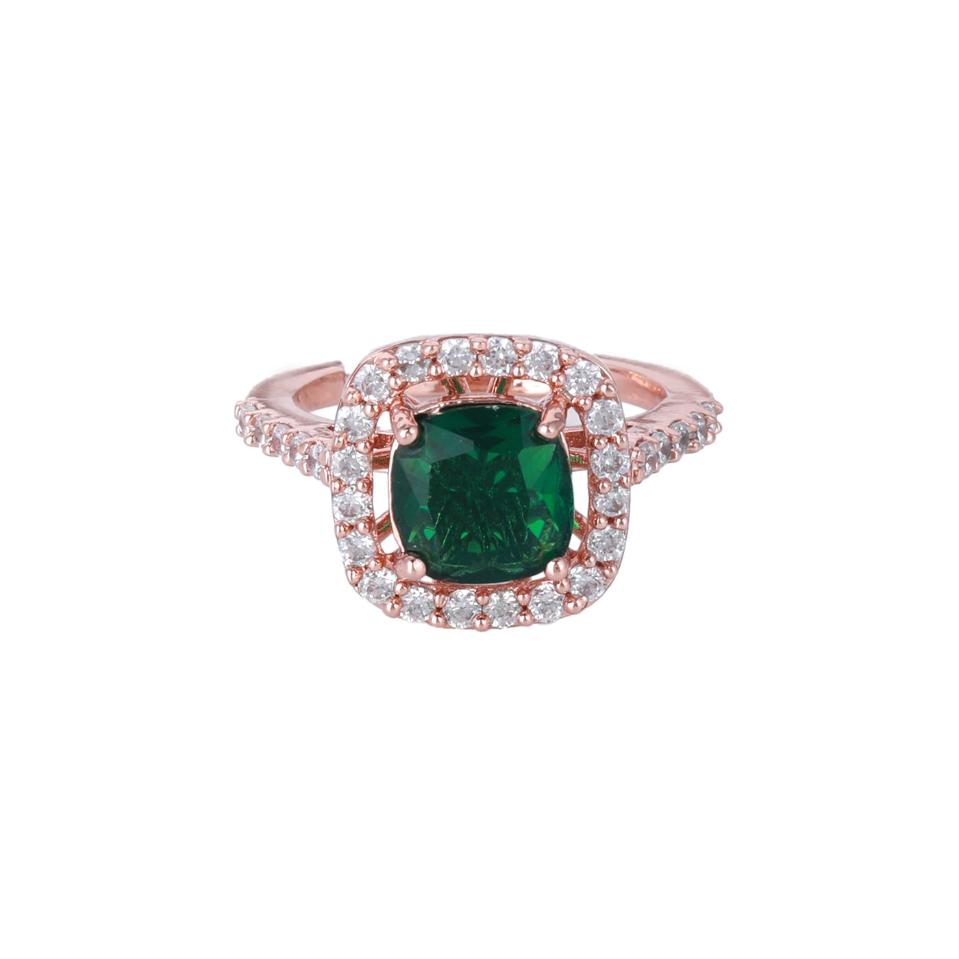 Estele Rose Gold Plated CZ Stylish Square Designer Finger Ring with Green Stones for Women(Adjustable)