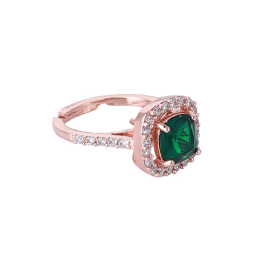 Estele Rose Gold Plated CZ Stylish Square Designer Finger Ring with Green Stones for Women(Adjustable)