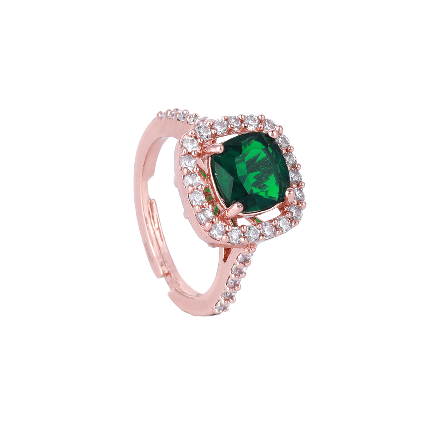 Estele Rose Gold Plated CZ Stylish Square Designer Finger Ring with Green Stones for Women(Adjustable)