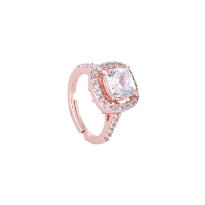 Estele Rose Gold Plated CZ Stylish Square Designer Finger Ring with White Stones for Women(Adjustable)