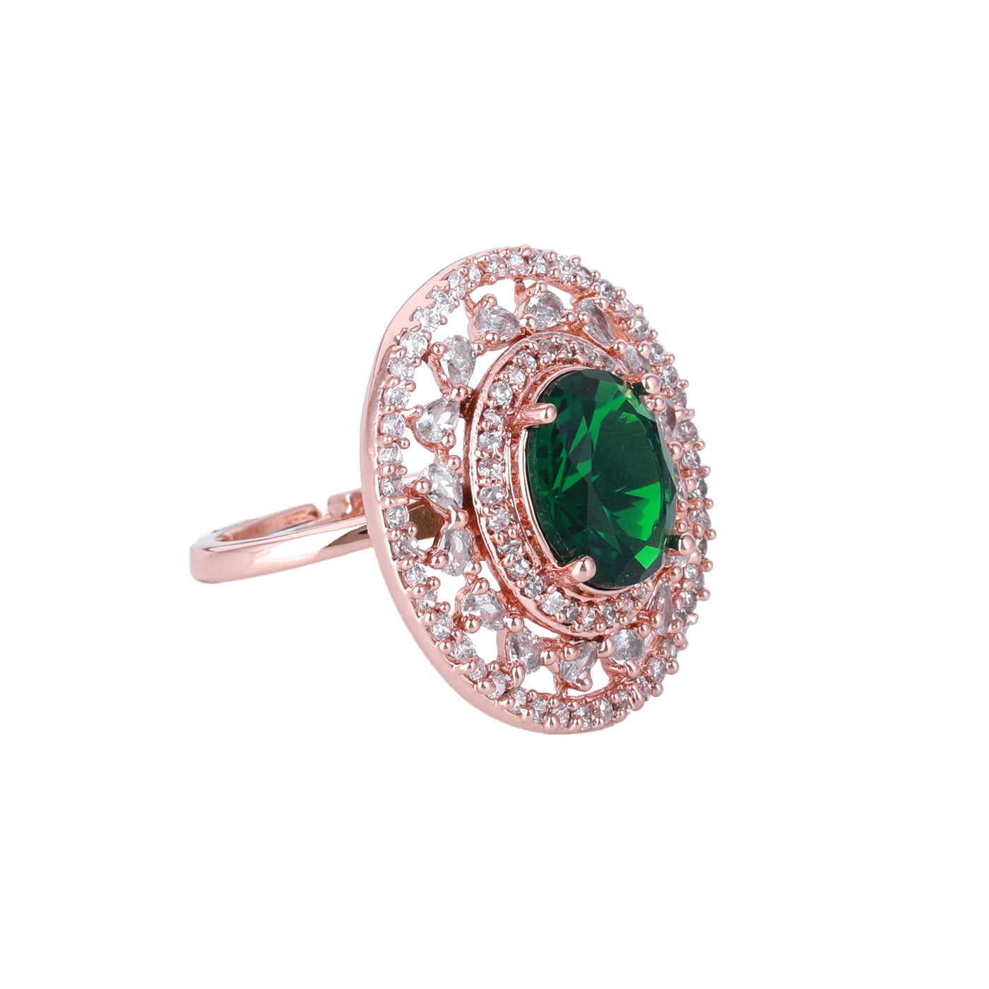 Estele Rosegold Plated Luxurious Green American Diamond (Adjustable) Finger Ring for Women