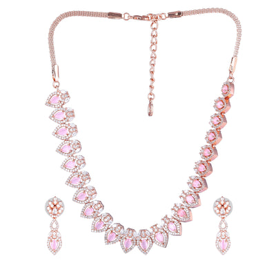 Estele Rose Gold Plated CZ Classic Pear Designer Necklace Set with Mint Pink Stones for Women