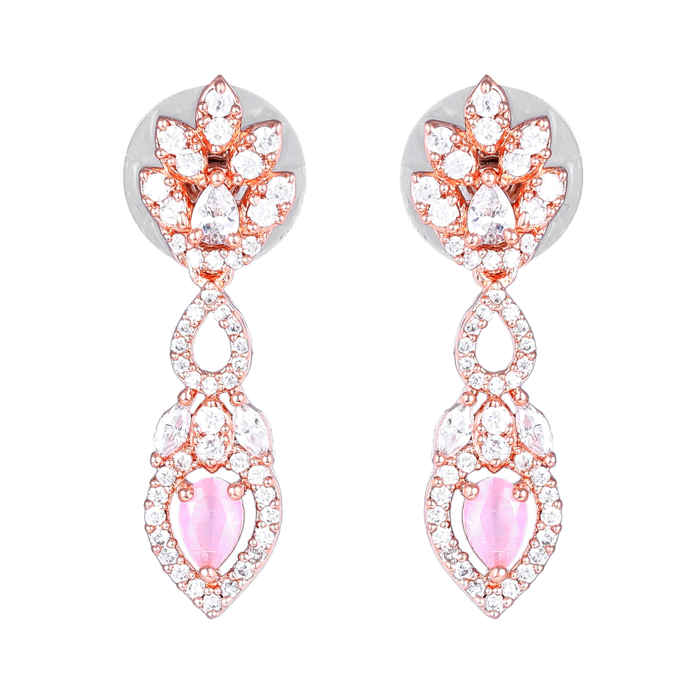 Estele Rose Gold Plated CZ Classic Pear Designer Necklace Set with Mint Pink Stones for Women