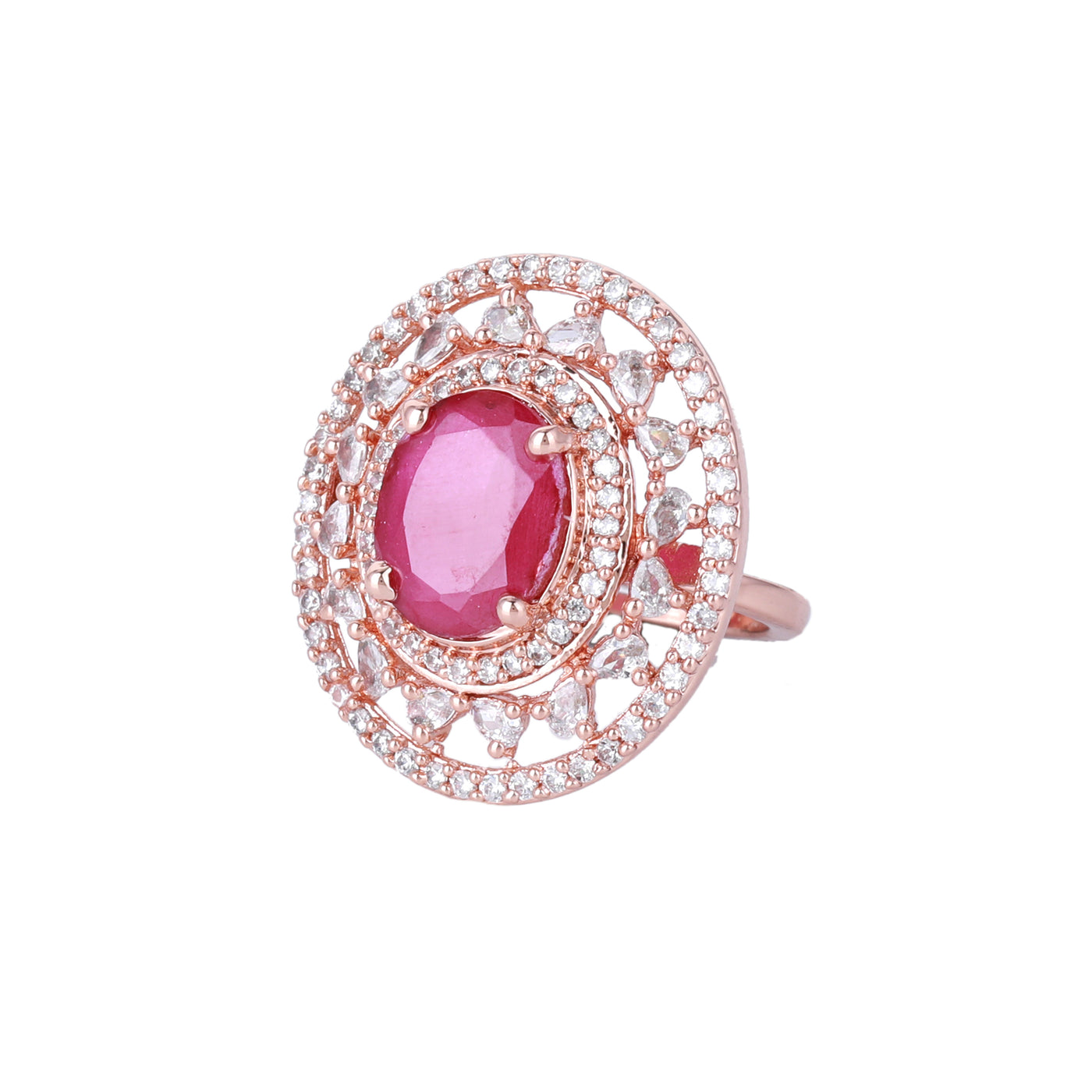 Estele Rosegold Plated Sparkling Ruby American Diamond (Adjustable)Finger Ring for Girls & Women