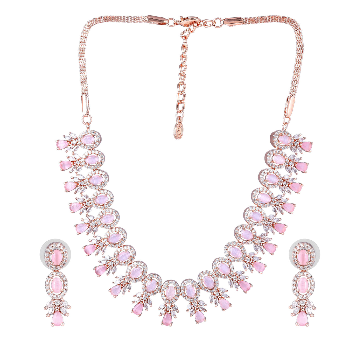 Estele Rose Gold Plated CZ Fascinating Necklace Set with Mint Pink Stones for Women