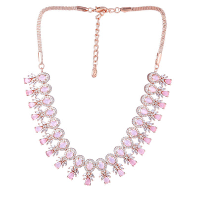 Estele Rose Gold Plated CZ Fascinating Necklace Set with Mint Pink Stones for Women