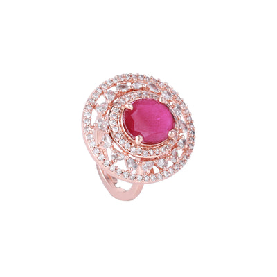 Estele Rosegold Plated Sparkling Ruby American Diamond (Adjustable)Finger Ring for Girls & Women