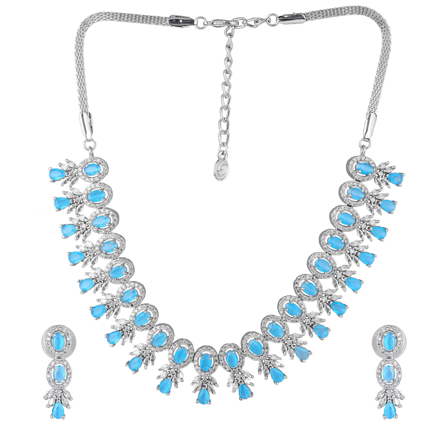 Estele Rhodium Plated CZ Exquisite Necklace Set with Mint Blue Stones for Women