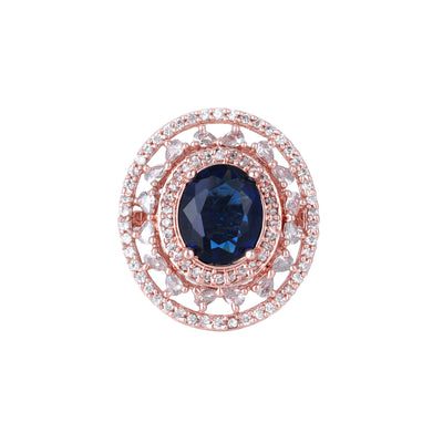 Estele Rosegold Plated Classic Blue American Diamond (Adjustable) Finger Ring for Women