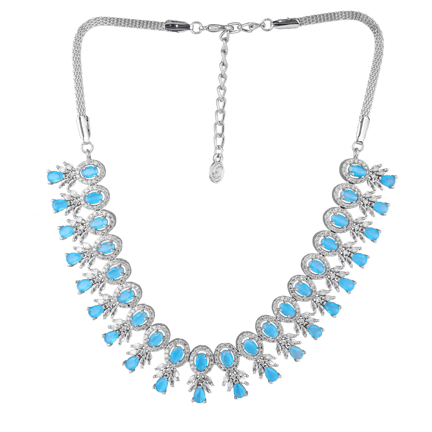 Estele Rhodium Plated CZ Exquisite Necklace Set with Mint Blue Stones for Women