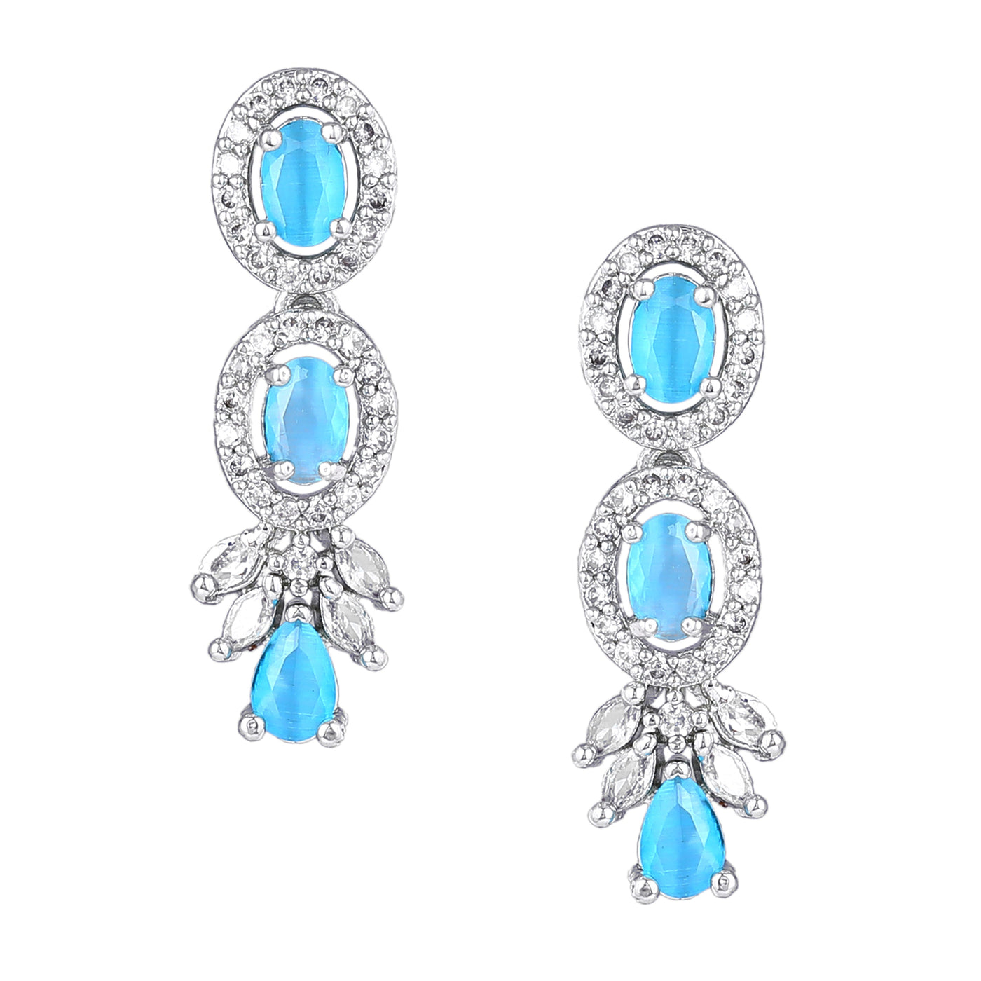 Estele Rhodium Plated CZ Exquisite Necklace Set with Mint Blue Stones for Women