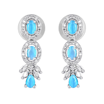 Estele Rhodium Plated CZ Exquisite Necklace Set with Mint Blue Stones for Women