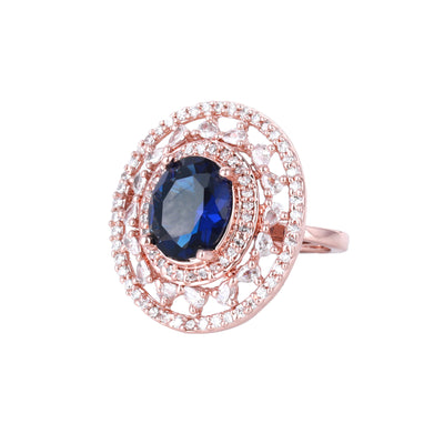 Estele Rosegold Plated Classic Blue American Diamond (Adjustable) Finger Ring for Women