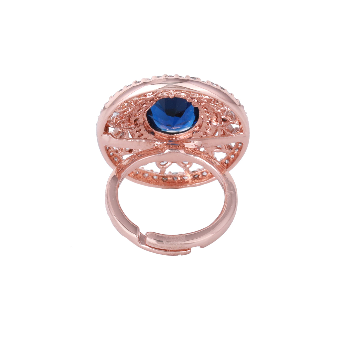 Estele Rosegold Plated Classic Blue American Diamond (Adjustable) Finger Ring for Women