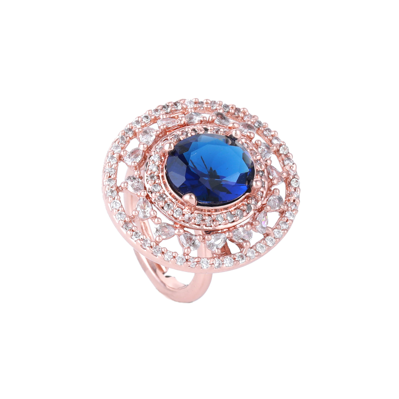 Estele Rosegold Plated Classic Blue American Diamond (Adjustable) Finger Ring for Women