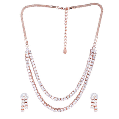 Estele Rose Gold Plated CZ Classic Double Line Necklace Set for Women