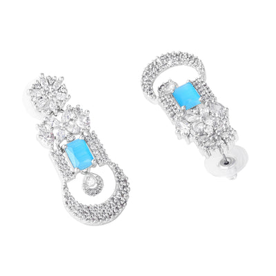 Estele Rhodium Plated CZ Gorgeous Designer Necklace Set with Mint Blue Stones for Women