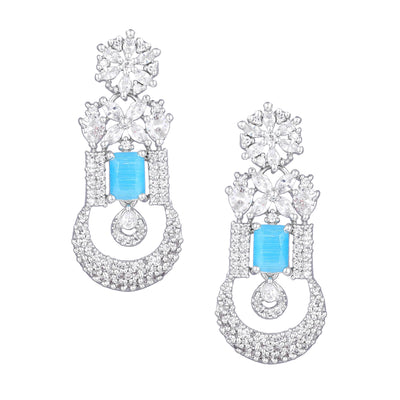 Estele Rhodium Plated CZ Gorgeous Designer Necklace Set with Mint Blue Stones for Women