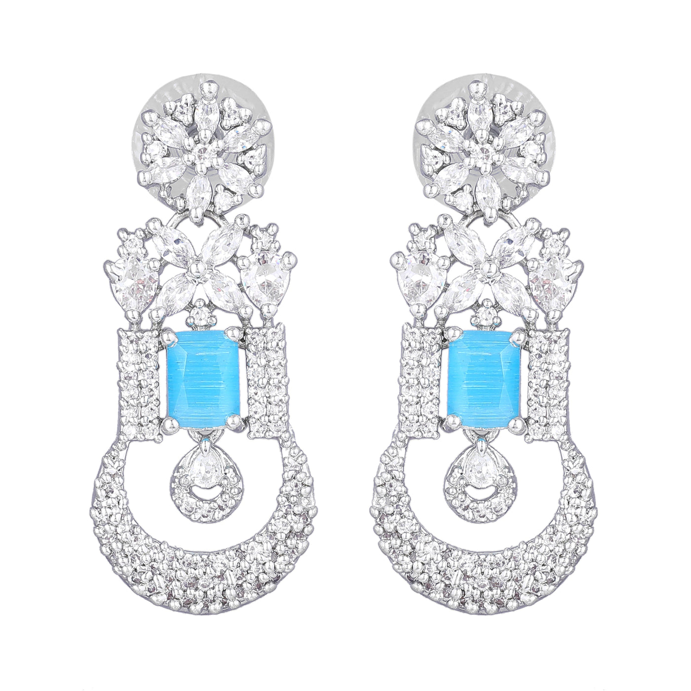 Estele Rhodium Plated CZ Gorgeous Designer Necklace Set with Mint Blue Stones for Women