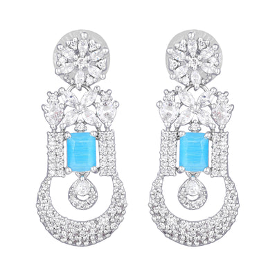 Estele Rhodium Plated CZ Gorgeous Designer Necklace Set with Mint Blue Stones for Women