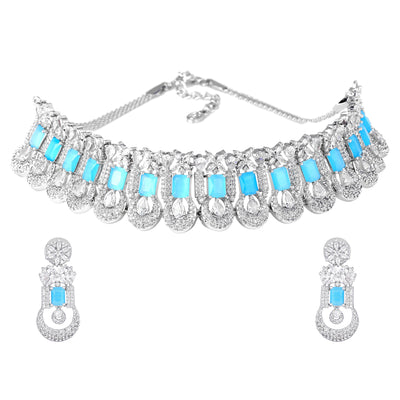 Estele Rhodium Plated CZ Gorgeous Designer Necklace Set with Mint Blue Stones for Women