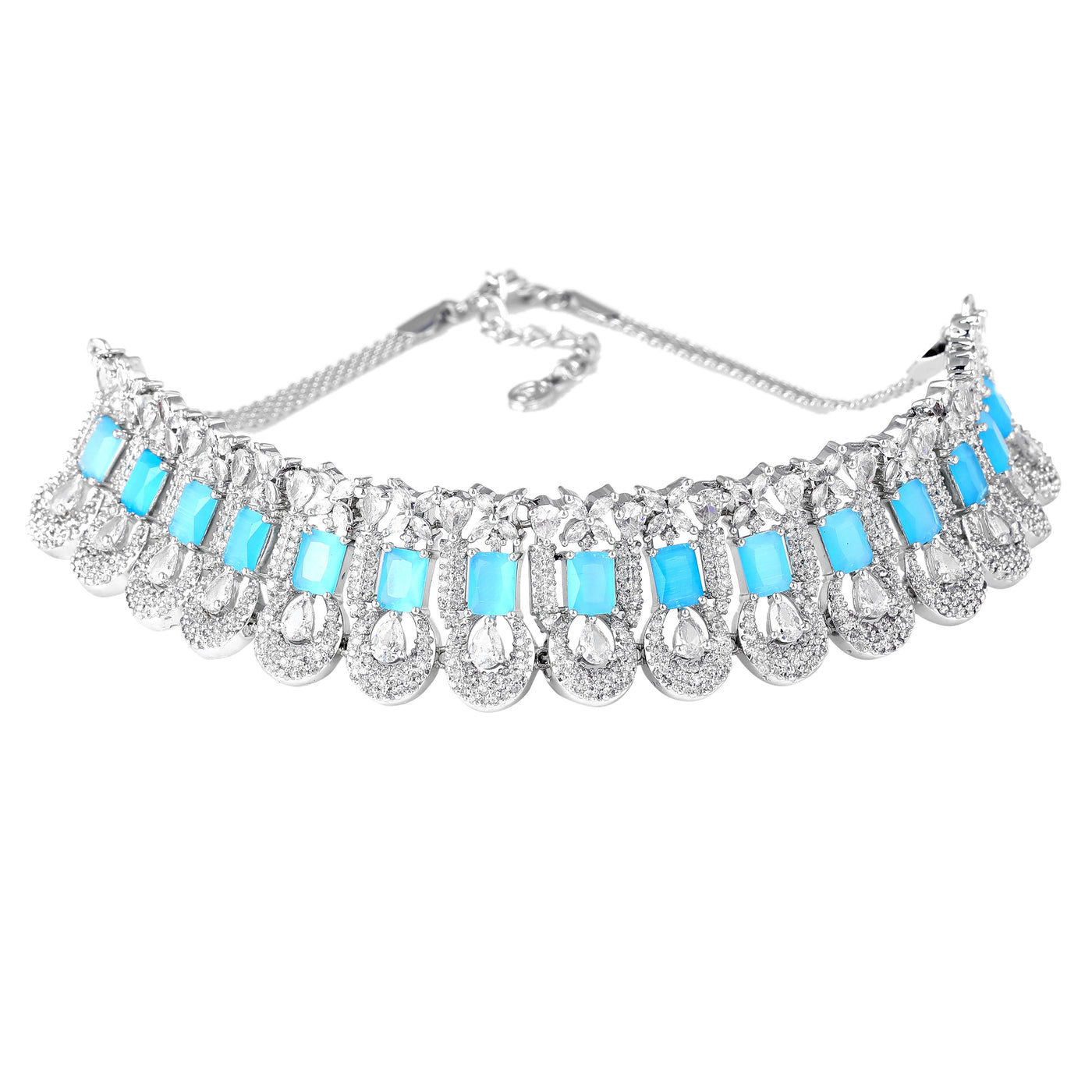 Estele Rhodium Plated CZ Gorgeous Designer Necklace Set with Mint Blue Stones for Women