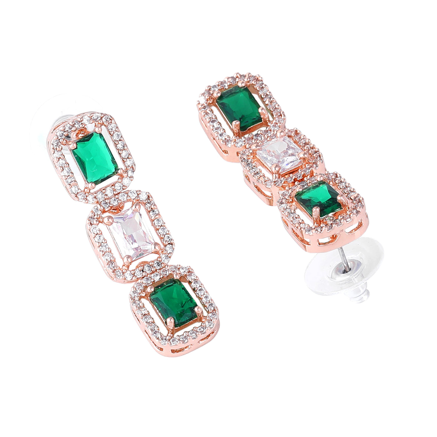 Estele Rose Gold Plated CZ Elegant Neklace Set with Green Stones for Women