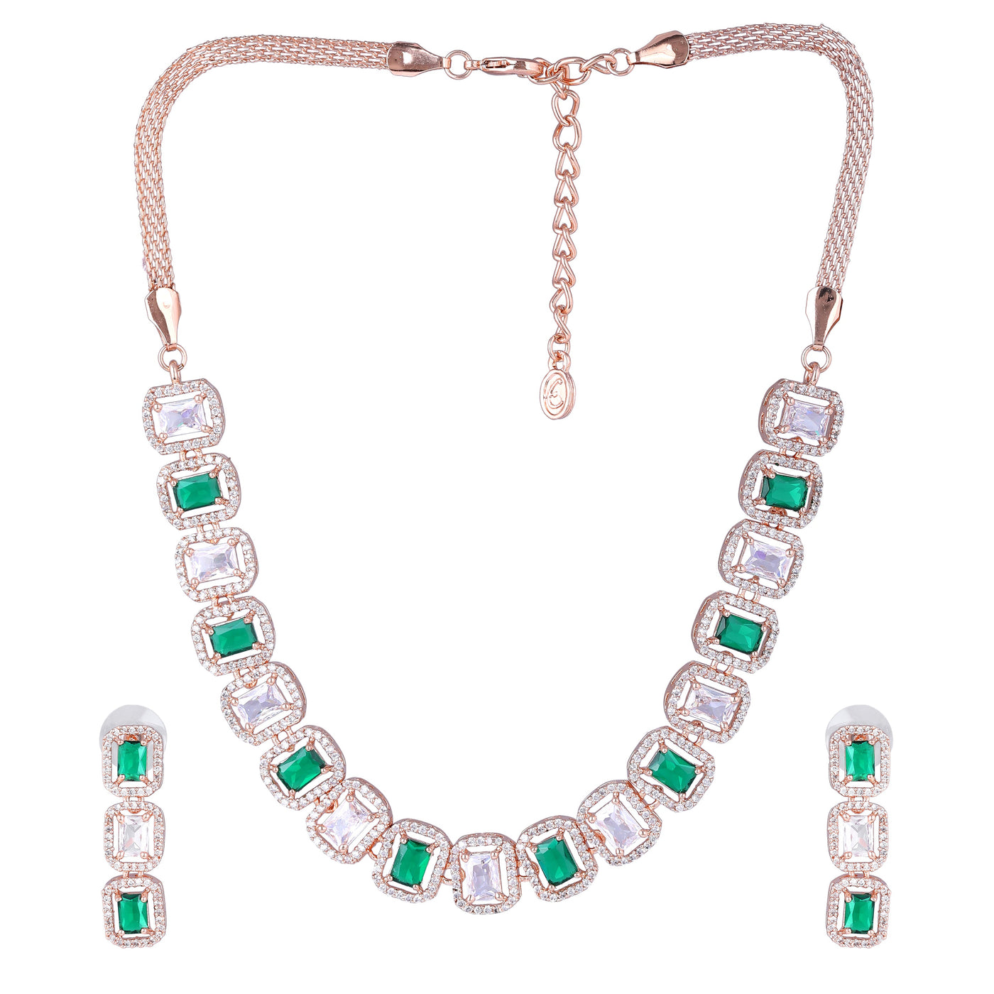 Estele Rose Gold Plated CZ Elegant Neklace Set with Green Stones for Women