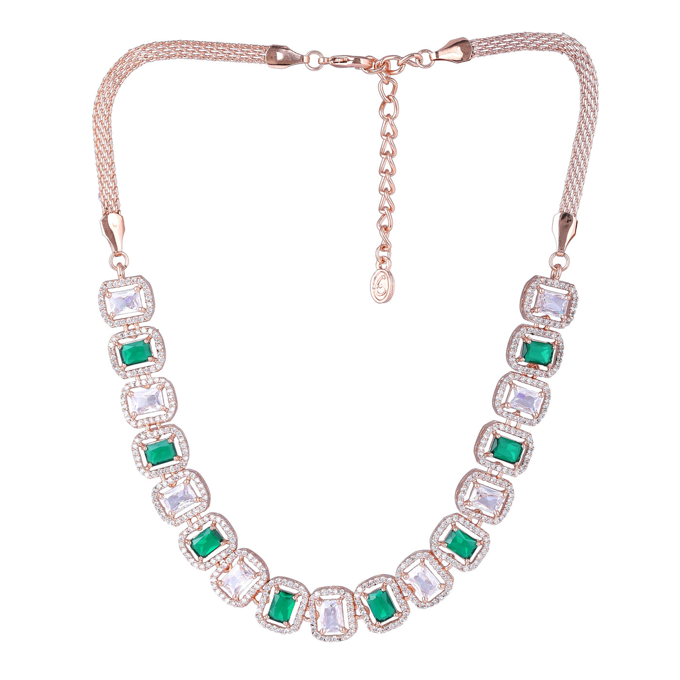 Estele Rose Gold Plated CZ Elegant Neklace Set with Green Stones for Women