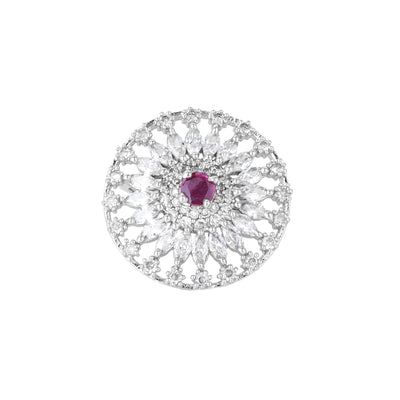 Estele Rhodium Plated CZ Classic Flower Shaped Finger Ring with Ruby Stones for Women(Adjustable)