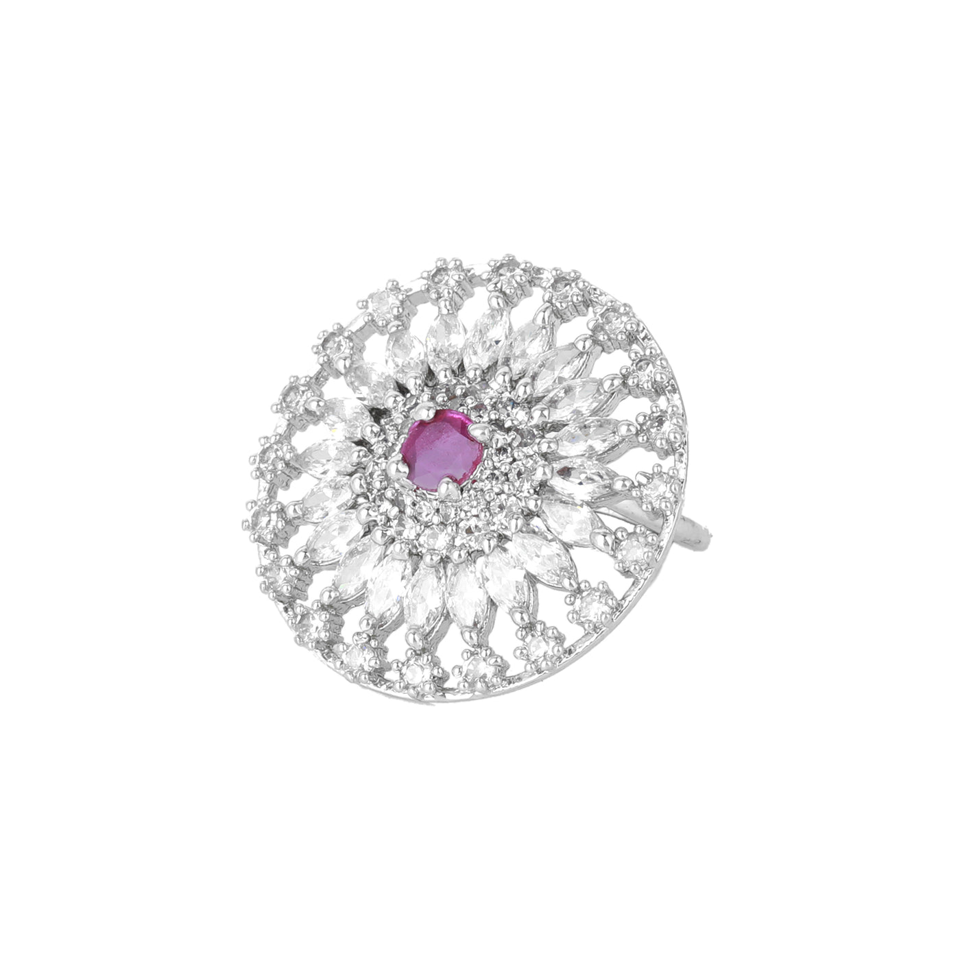 Estele Rhodium Plated CZ Classic Flower Shaped Finger Ring with Ruby Stones for Women(Adjustable)