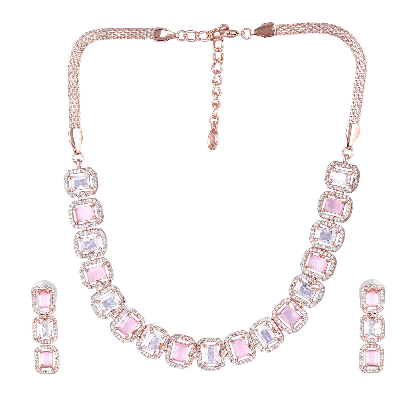 Estele Rose Gold Plated CZ Elegant Necklace Set with Mint Pink Stones for Women