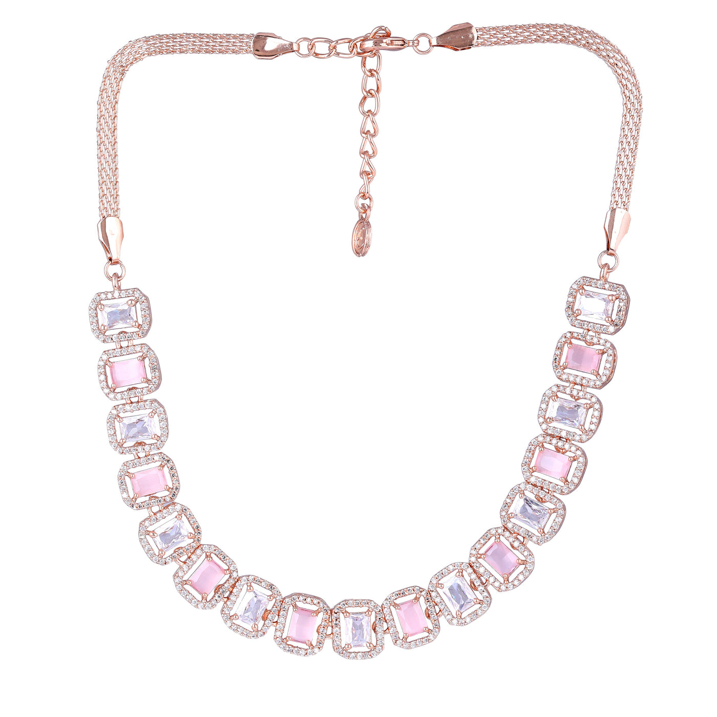 Estele Rose Gold Plated CZ Elegant Necklace Set with Mint Pink Stones for Women