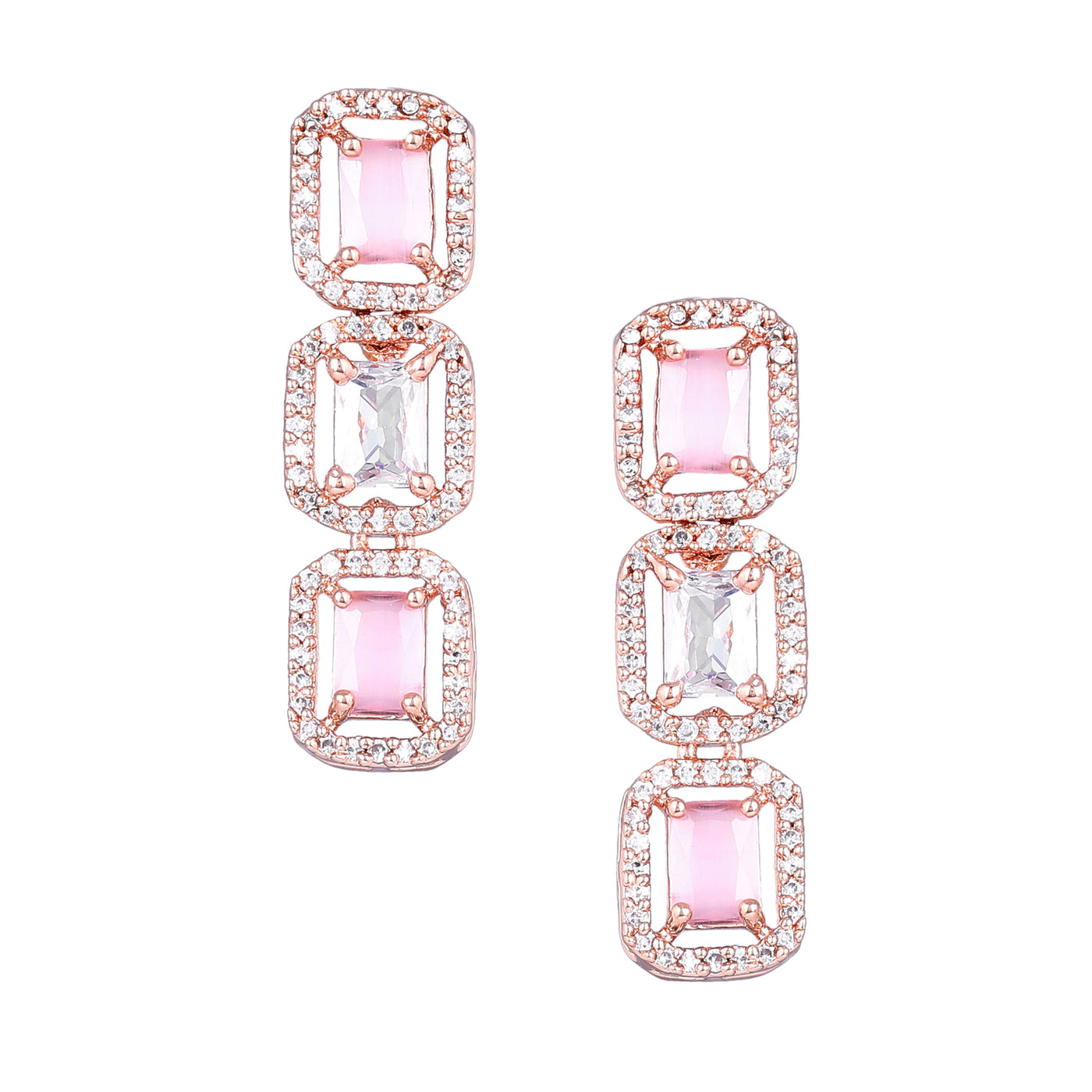 Estele Rose Gold Plated CZ Elegant Necklace Set with Mint Pink Stones for Women