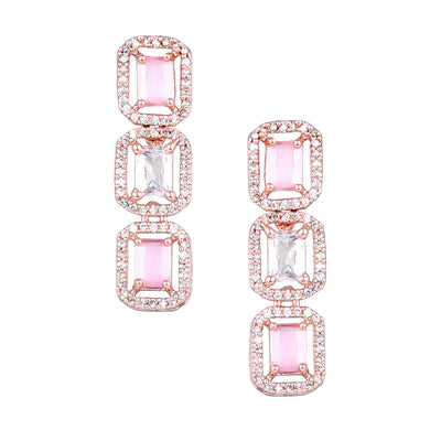 Estele Rose Gold Plated CZ Elegant Necklace Set with Mint Pink Stones for Women